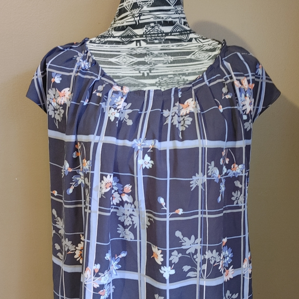 Lauren Conrad Silky Blue & Gray Plaid & Floral Blouse Sz L *3/$30 Sale*